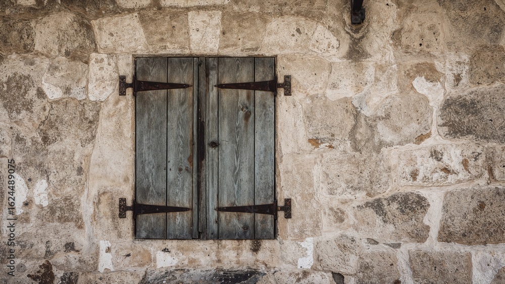 Poster a compact window protected by metal shutters is embedded in the aged monastery wall, highlighting it