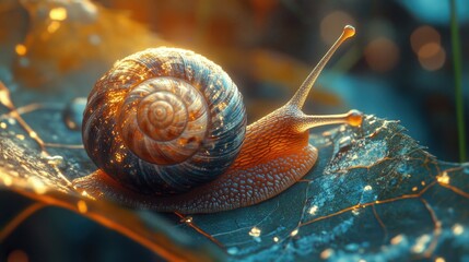 Snail on Leaf with Dewdrops in Lush Greenery