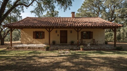 A countryside home in rustic hacienda style, highlighting spacious interiors, wooden details, and a bright red roof. Surrounded by nature, it delivers a peaceful and inviting vibe.