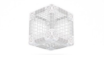 A white wireframe cube floating in a white space creating an abstract geometric presentation