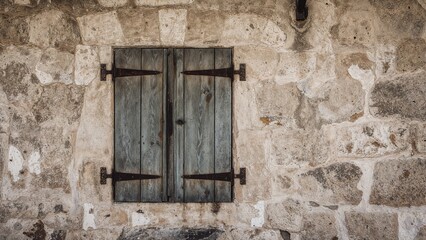 A compact window protected by metal shutters is embedded in the aged monastery wall, highlighting its architecture.