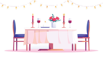 A romantic dinner setup with roses, candles, wine glasses, chairs and a string of lights above table