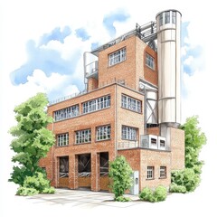 Detailed Illustration of a Brick Industrial Building