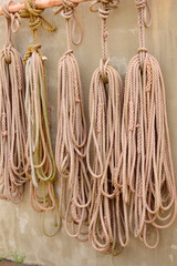 ロープの束がいろいろな房で海辺の倉庫の壁に掛けられている