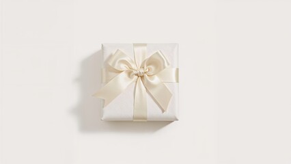 Flat lay of a wrapped gift box featuring a ribbon and blank area