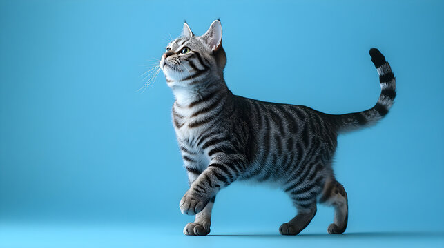 Side view of a silver tabby cat with black stripes walking against a solid blue background - Powered by Adobe