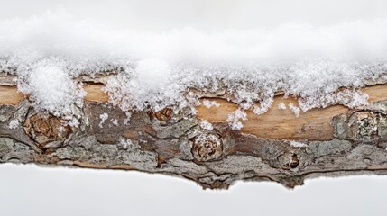 Snow-covered branch resting against a white backdrop