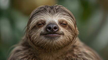 A close-up vertical portrait of a baby sloth smiling peacefully with closed eyes