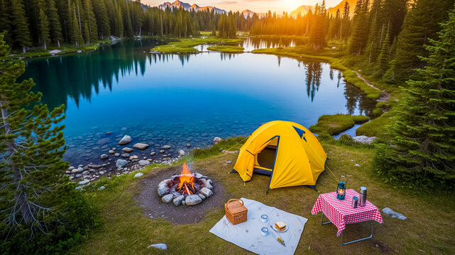 Aerial view of a camping tent beside an alpine lake surrounded by pine trees, with picnic setup near firepit.