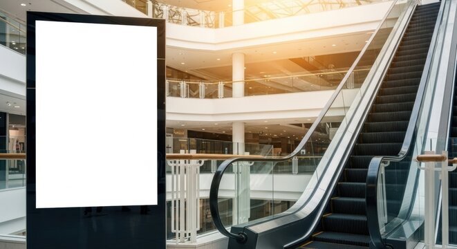 Digital advertising screen mockup next to escalator in a bright, modern shopping mall interior