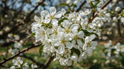 Obraz premium Springtime apricot tree covered in white blossoms. Close-up with room for text. Seasonal natural background.