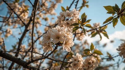 Delicate apricot flowers gleaming on limbs at first light