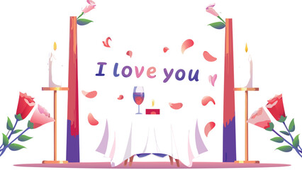 Romantic dinner setup with roses candles and petals featuring the words i love you in the background