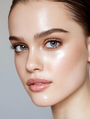 Fototapeta premium Hydrated Plump Skin with Glycerin Close-up of a woman's radiant face and skin. Hydrated Plump Skin with Glycerin glow close-up