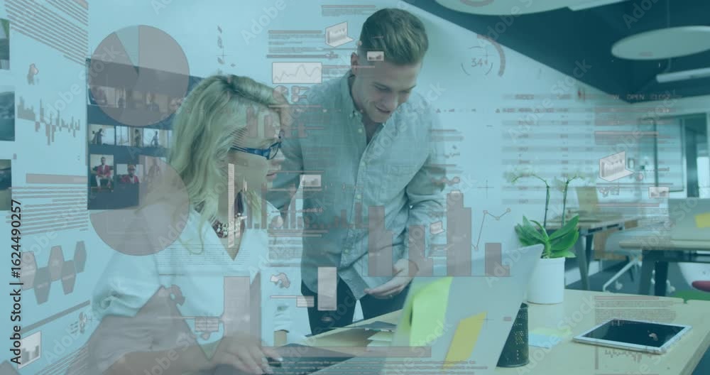 Poster woman typing and opening data dashboards while man pointing charts and analyzing printed graphs