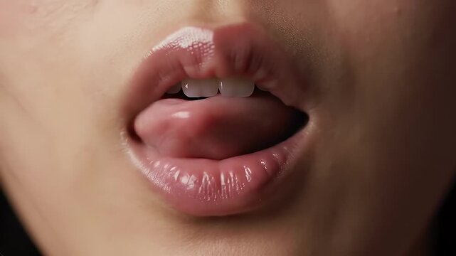 Detailed Close-Up of a Woman's Mouth with Glossy Pink Lips and White Teeth Licking Lips in Slow Motion Highlighting Sensuality Beauty and Texture Perfect for Beauty Advertisement and Sensual Concept