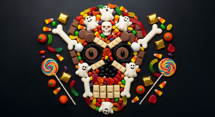 Sweetly sinister: A Halloween skull composed of colorful candies and whimsical treats