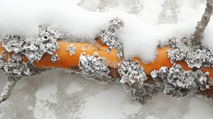 Snow-covered branch with lichen in winter landscape