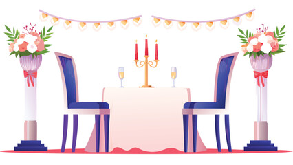 Romantic dinner setup with table for two chairs flowers candles and garland for a special occasion