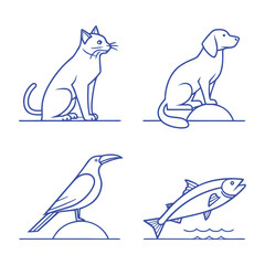 Line art cats, dogs, fish, and deer—all types of animals / Professional various types of line art animal set