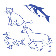 Line art cats, dogs, fish, and deer—all types of animals / Professional various types of line art animal set