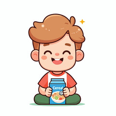 Happy child holding cereal box