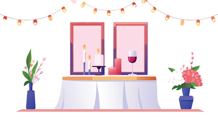 Elegant table setting with candles, wine, flowers, and string lights creating a romantic ambiance