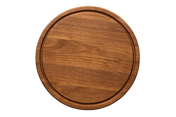 Top view of round wooden pizza serving board with groove, isolated on transparent background, perfect for presenting pizza, cheese, bread, or rustic kitchen decor