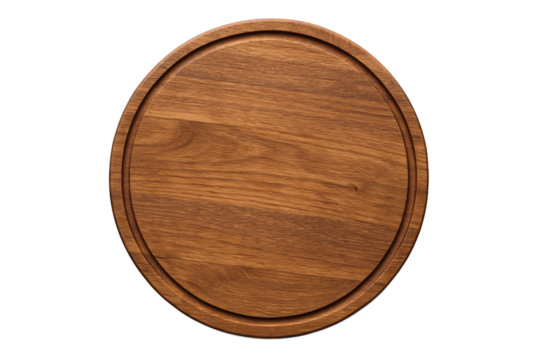 Top view of round wooden pizza serving board with groove, isolated on transparent background, perfect for presenting pizza, cheese, bread, or rustic kitchen decor