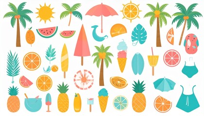 Vibrant summer icons featuring palm trees, ice cream, fruit, and beachwear for vacation vibes