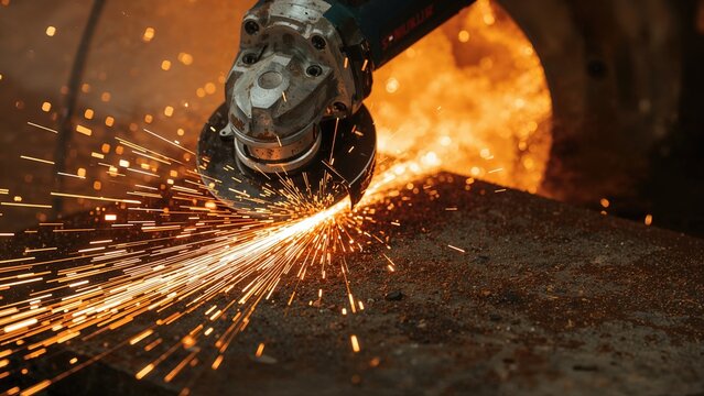 Sparks flying as an angle grinder cuts through a rusted metal sheet