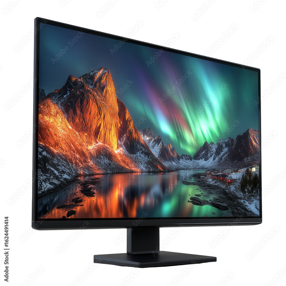 Fototapete computer screen display aurora borealis mountains lake reflection view isolated on transprint backgr