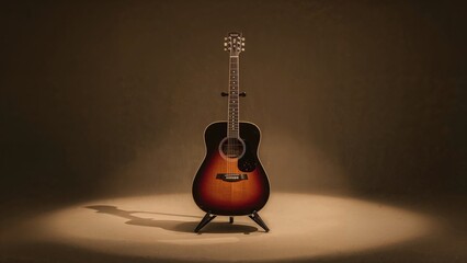 A performance space with an acoustic guitar placed on a stand.