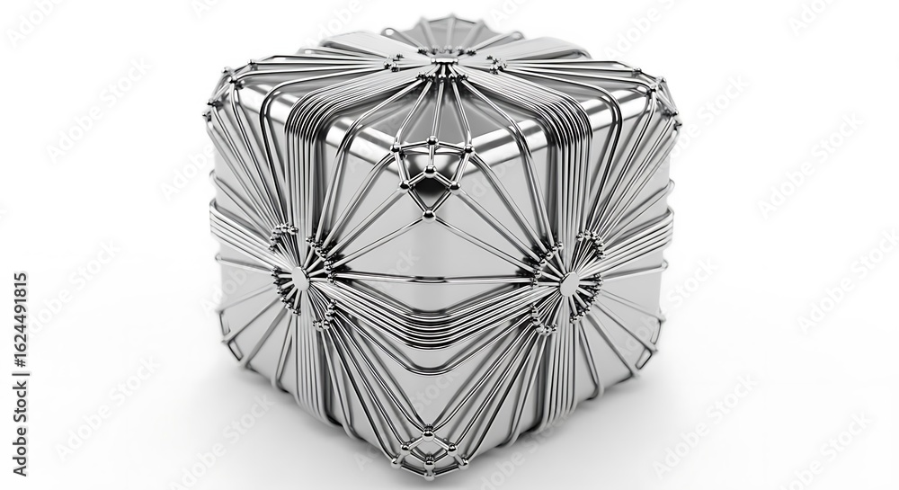 Poster a metallic cube with intricate wireframe design casting soft shadows on a white surface in a studio 