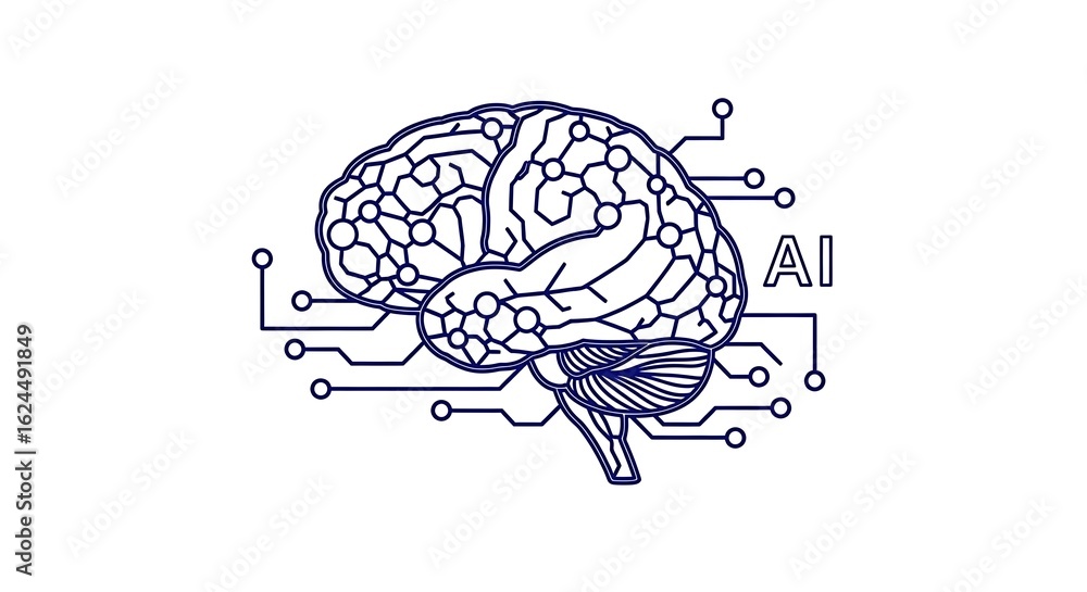 Poster a digital illustration of a brain connected to circuits with the letters ai on a white background