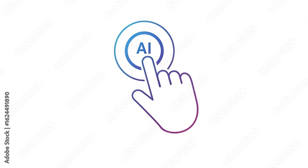Aufkleber a hand touching an ai button with a blue and purple gradient on a white background in a line art sty