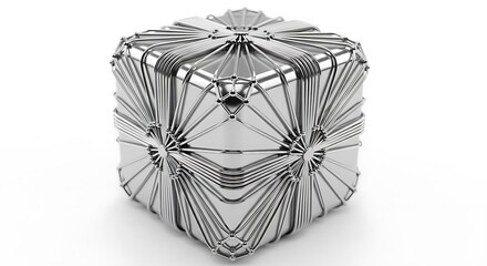 A metallic cube with intricate wireframe design casting soft shadows on a white surface in a studio setting