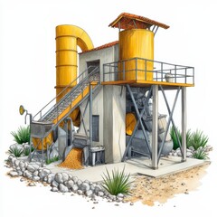 Detailed Illustration of Industrial Grain Processing Facility