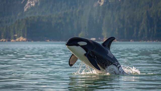 A female orca rises above serene ocean waters dividing adjacent territories. - Powered by Adobe