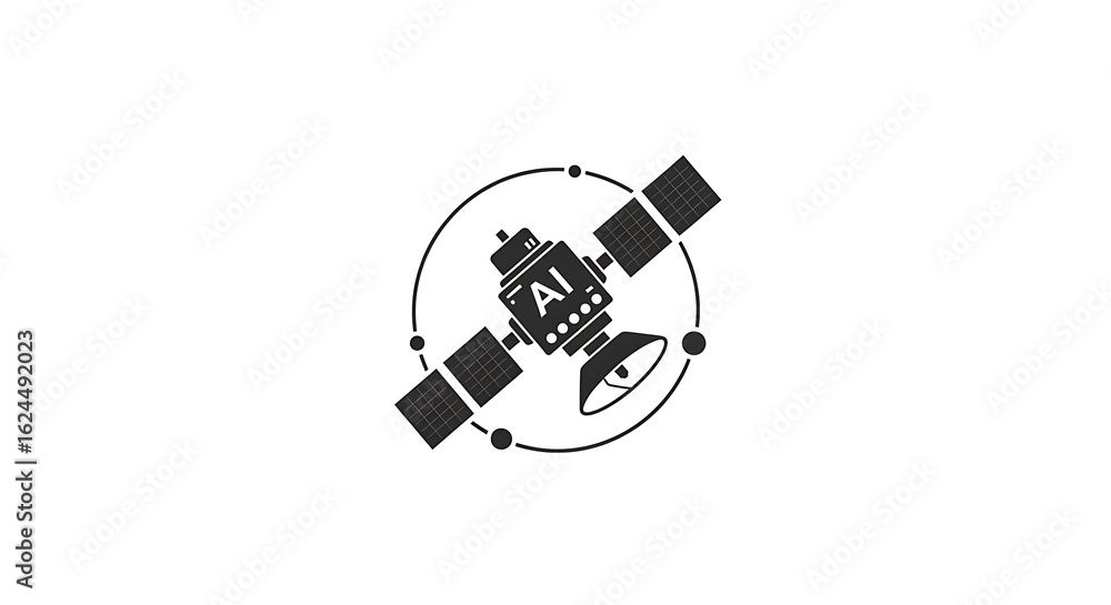 Poster a black and white graphic of a satellite with the letters ai on it inside of a circular design