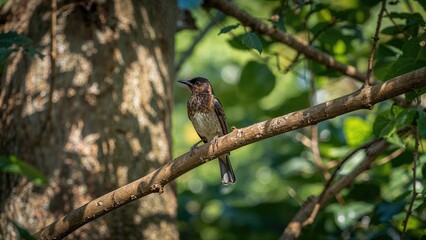Naklejka premium A bird with blue eyes resting on a tree branch in a lush green setting
