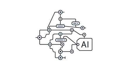 A diagram of interconnected nodes and lines representing artificial intelligence on white background