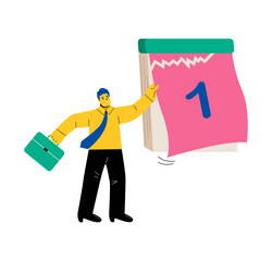 First days of the month. Business man hand tears off the first month of the calendar. Flat vector illustration isolated on white background