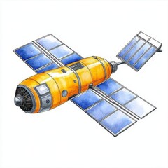 Detailed Illustration of Orange Spacecraft with Blue Solar Panels on White Background