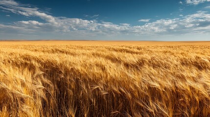Obraz premium Wide angle view of golden wheat field under soft afternoon sunlight gentle breeze creating wave patterns across crop clear blue sky realistic natural shadows and lighting custom scenic background