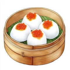 Detailed Illustration of Steamed Buns with Red Caviar in Bamboo Steamer