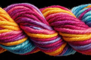 Close up of a skein of colorful yarn in yellow, pink, purple and blue hues. Use this yarn for crafting, knitting, or crocheting projects with vibrant colors.