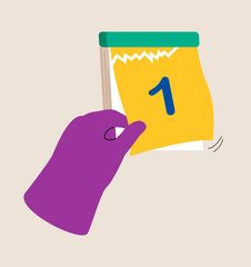 First days of the month. Hand tear off calendar sheet. Colorful vector illustration