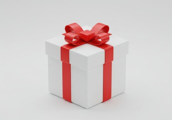 A simple white gift box tied with a red ribbon and bow