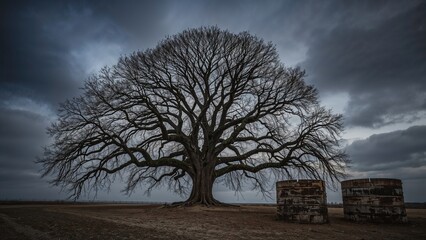 An old oak tree without foliage beneath a dark, overcast sky, with weathered wooden bins and dirty terrain in the foreground